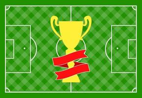 Football field with green grass and with a gold cup with a red ribbon. Vector illustration