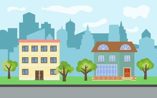 Vector city with two-story and three-story cartoon houses and green trees in the sunny day. Summer urban landscape. Street view with cityscape on a background