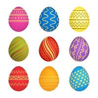 Set of Nine Easter eggs with different colorful texture on a white background. Vector illustration