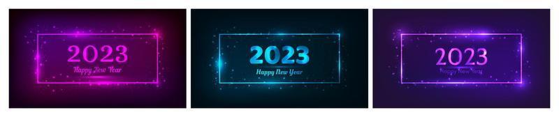 2023 Happy New Year neon background. Set of three neon backdrops with different geometric frames with shining effects and inscription Happy New Year. Dark background for Christmas vector