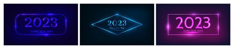 2023 Happy New Year neon background. Set of three neon backdrops with different geometric frames with shining effects and inscription Happy New Year. Dark background for Christmas vector