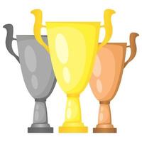 Set of vector trophy champion cups in gold, silver and bronze. Championship prizes for first, second and third place. Victory symbols isolated on white background.