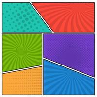 Colorful comic book page background in pop art style. Empty template with rays and dots pattern. Vector illustration