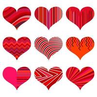 conjunto de diferentes corazones rojos. nueve corazones aislados en un fondo blanco. símbolo de amor. elementos para la plantilla de boda. vector