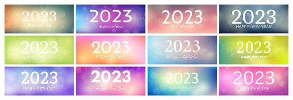 Happy new year 2023 incription on blurred background. Set of new year background. White numbers on backdrop with confetti, bokeh and lens flare. Vector illustration