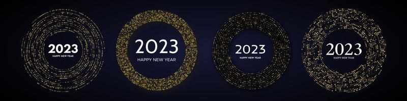 2023 Happy New Year of gold glitter pattern in circle form. Set of four abstract gold glowing halftone dotted backgrounds for Christmas holiday greeting card on dark background. Vector illustration