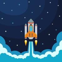 Space rocket launch. Vector illustration with flying rocket. Space travel. Project development. Creative idea.