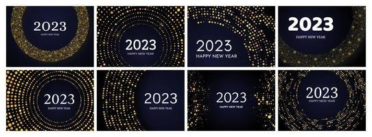 2023 Happy New Year of gold glitter pattern in circle form. Set of abstract gold glowing halftone dotted backgrounds for Christmas holiday greeting card on dark background. Vector illustration