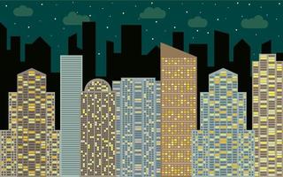 Night urban landscape. Street view with cityscape, skyscrapers and modern buildings at sunny day. City space in flat style background concept. vector
