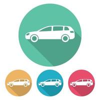 Set of four flat style cars in multi colored circles with shadow. Vector illustration