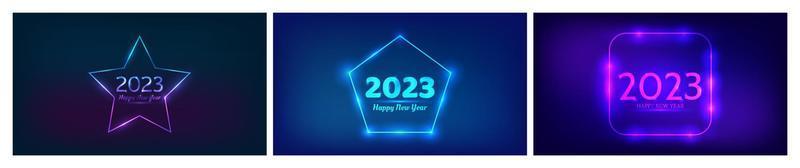 2023 Happy New Year neon background. Set of three neon backdrops with different geometric frames with shining effects and inscription Happy New Year. Dark background for Christmas vector