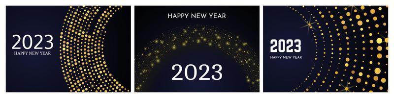 2023 Happy New Year of gold glitter pattern in circle form. Set of three abstract gold glowing halftone dotted backgrounds for Christmas holiday greeting card on dark background. Vector illustration