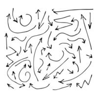 flechas finas dibujadas a mano. conjunto de flechas rizadas. boceto negro aislado sobre fondo blanco. ilustración vectorial vector