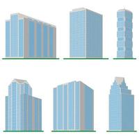 conjunto de seis edificios modernos de gran altura sobre un fondo blanco. vista del edificio desde abajo. ilustración vectorial isométrica. vector