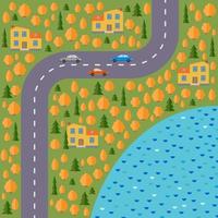 plano de pueblo. paisaje con la carretera, el bosque, el lago, los coches y las casas en otoño. ilustración vectorial vector