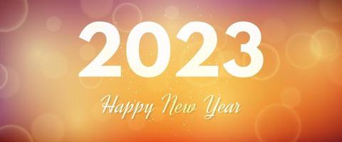 Happy new year 2023 incription on blurred background. White numbers on backdrop with confetti, bokeh and lens flare. Vector illustration