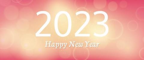 Happy new year 2023 incription on blurred background. White numbers on backdrop with confetti, bokeh and lens flare. Vector illustration