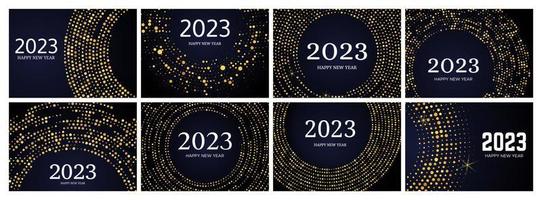 2023 Happy New Year of gold glitter pattern in circle form. Set of abstract gold glowing halftone dotted backgrounds for Christmas holiday greeting card on dark background. Vector illustration