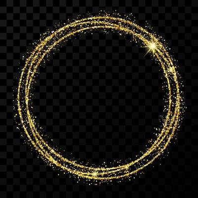 Gold circle frame. Modern shiny frame with light effects isolated on dark transparent background. Vector illustration.