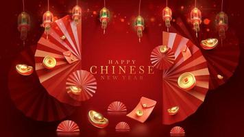 3d realistic chinese new year ornaments with light effect decorations and bokeh on red background. vector