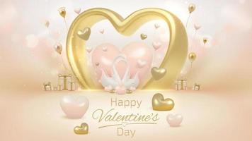 Swan love couple with 3d realistic Valentine's day ornaments and glitter light effect decorations and bokeh. vector