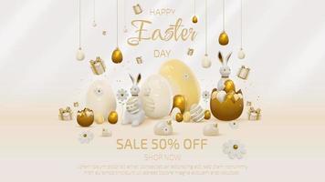 3d realistic rabbit and egg and gift box elements and ribbon decorations. Easter sale banner template background. vector