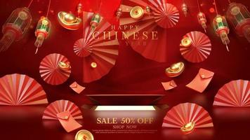 Red luxury background with product display podium element with 3d realistic chinese new year ornament and glitter light effect decoration and bokeh. Vector illustration.