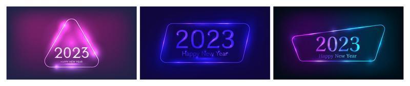 2023 Happy New Year neon background. Set of three neon backdrops with different geometric frames with shining effects and inscription Happy New Year. Dark background for Christmas vector