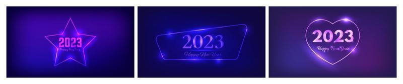 2023 Happy New Year neon background. Set of three neon backdrops with different geometric frames with shining effects and inscription Happy New Year. Dark background for Christmas vector