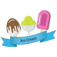 Three different ice cream wrapped in blue ribbon with the inscription ice cream. Vector illustration