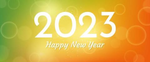 Happy new year 2023 incription on blurred background. White numbers on backdrop with confetti, bokeh and lens flare. Vector illustration