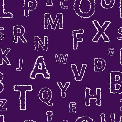 Doodle alphabet seamless background. Endless vector pattern with white letters on a purple background.