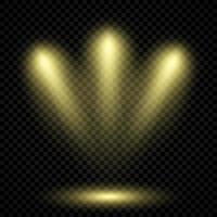 Cold yellow lighting with three spotlights. Scene illumination effects on a dark transparent background. Vector illustration
