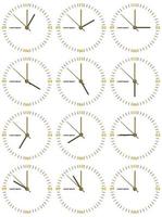 A set of mechanical clocks with an image of each of the twelve hours. Clock face on white background. vector