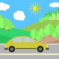 coche amarillo en una carretera en un día soleado. ilustración de viajes de verano. coche sobre el paisaje. vector
