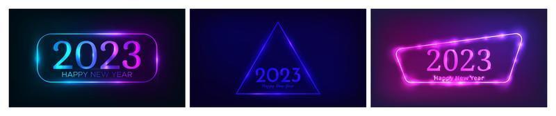 2023 Happy New Year neon background. Set of three neon backdrops with different geometric frames with shining effects and inscription Happy New Year. Dark background for Christmas vector