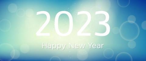 Happy new year 2023 incription on blurred background. White numbers on backdrop with confetti, bokeh and lens flare. Vector illustration