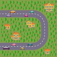 Plan of village. Landscape with the road, green forest, cars and houses. Vector illustration