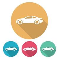 Set of four flat style cars in multi colored circles with shadow. Vector illustration