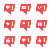 Set of nine notifications in social media. Heart, star, follower, message, check, gift, comment, like, repost. Vector illustration.