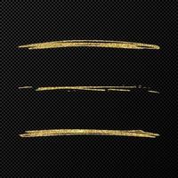 Abstract shiny confetti glittering waves. Set of three hand drawn brush golden strokes on black transparent background. Vector illustration