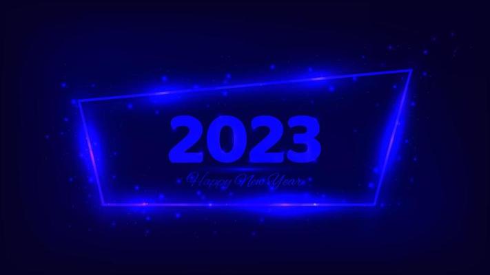 2023 Happy New Year neon background. Neon frame with shining effects and sparkles for Christmas holiday greeting card, flyers or posters. Vector illustration
