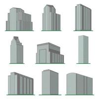 conjunto de nueve edificios modernos de gran altura sobre un fondo blanco. vista del edificio desde abajo. ilustración vectorial isométrica. vector