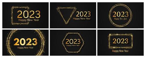 2023 Happy New Year gold background. Set of abstract gold backdrops with a inscription Happy New Year on dark for Christmas holiday greeting card, flyers or posters. Vector illustration