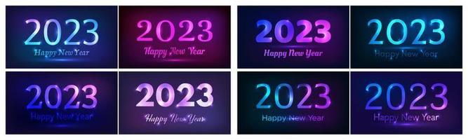 2023 Happy New Year neon background. Set of abstract neon backdrops with lights for Christmas holiday greeting card, flyers or posters. Vector illustration