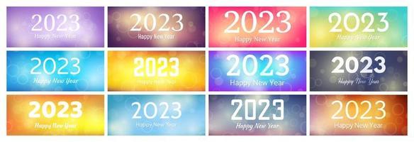 Happy new year 2023 incription on blurred background. Set of new year background. White numbers on backdrop with confetti, bokeh and lens flare. Vector illustration