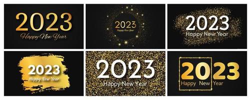 2023 Happy New Year gold background. Set of abstract gold backdrops with a inscription Happy New Year on dark for Christmas holiday greeting card, flyers or posters. Vector illustration