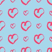 Seamless pattern with hand drawn hearts. Doodle grunge red hearts on blue background. Vector illustration.