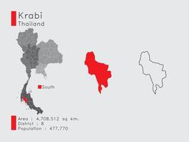 posición de krabi en tailandia un conjunto de elementos infográficos para la provincia. y la población y el contorno del distrito del área. vectorial con fondo gris. vector