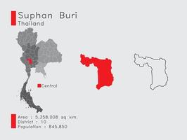 posición de suphan buri en tailandia un conjunto de elementos infográficos para la provincia. y la población y el contorno del distrito del área. vectorial con fondo gris. vector